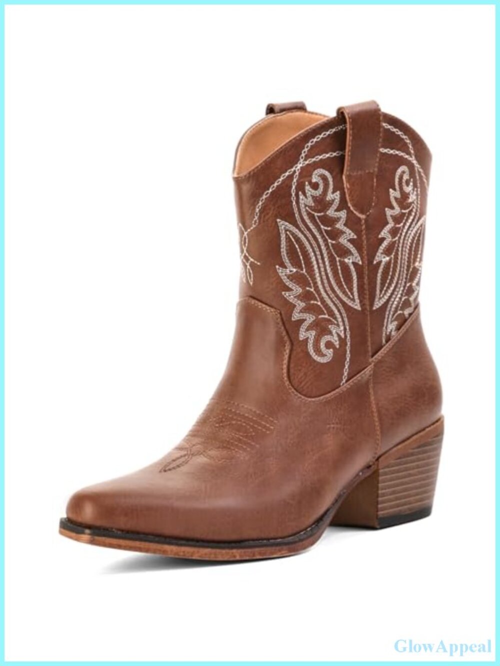 Faux Leather Western Ankle Cowgirl Boots Snip Toe Block Heel